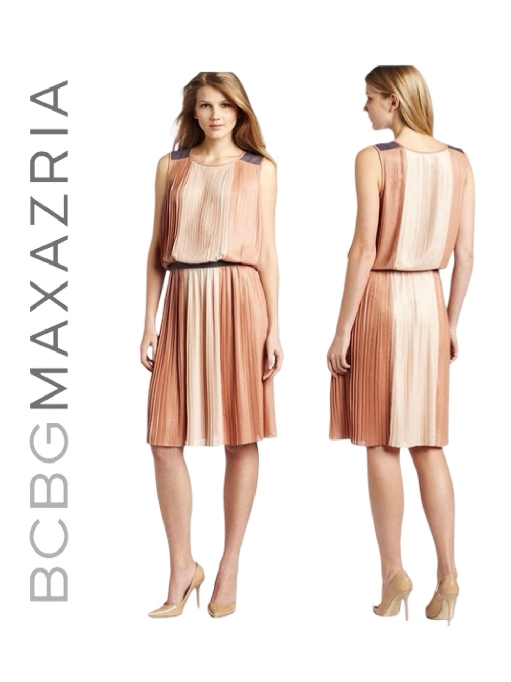 BCBGMaxAzria Peach and Cream Pleated Blouson Midi Dress